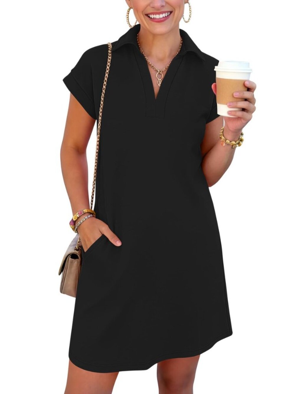 Women's Summer Collared V Neck Tshirt Short Dress